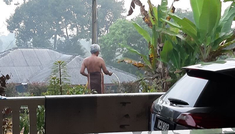 Shirtless man watering green plants tropical morning