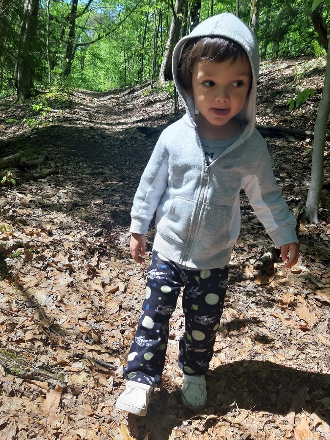 Toddler adam walking in woods on leafy trail