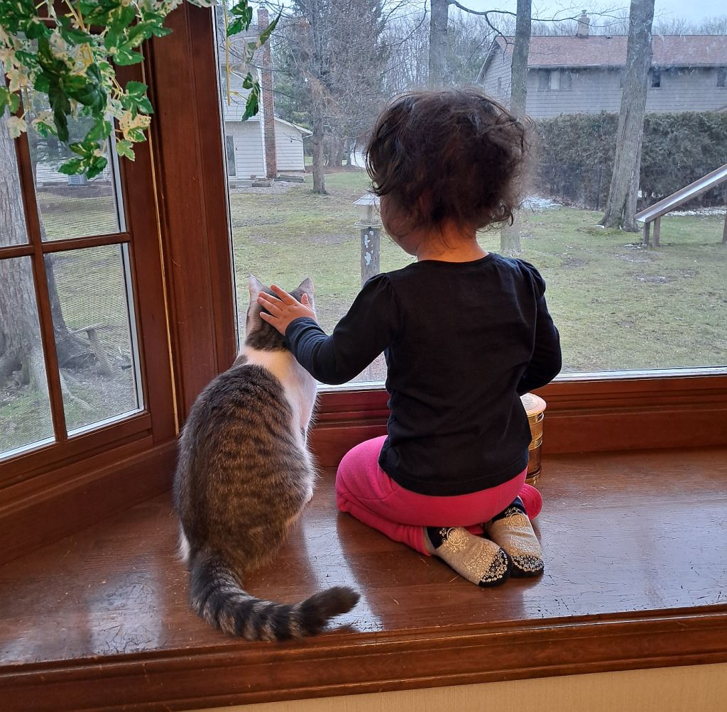 Leila and cat sitting together on a big windowsill